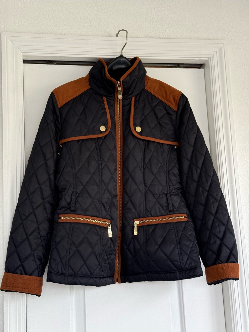 Vince Camuto Black Quilted Puffer Jacket with Brown Trim with Belt